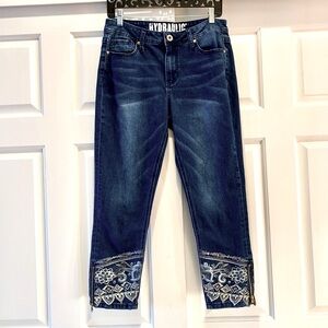 Rare Embroidered hem and pocket Hydraulic cropped jeans, size 10